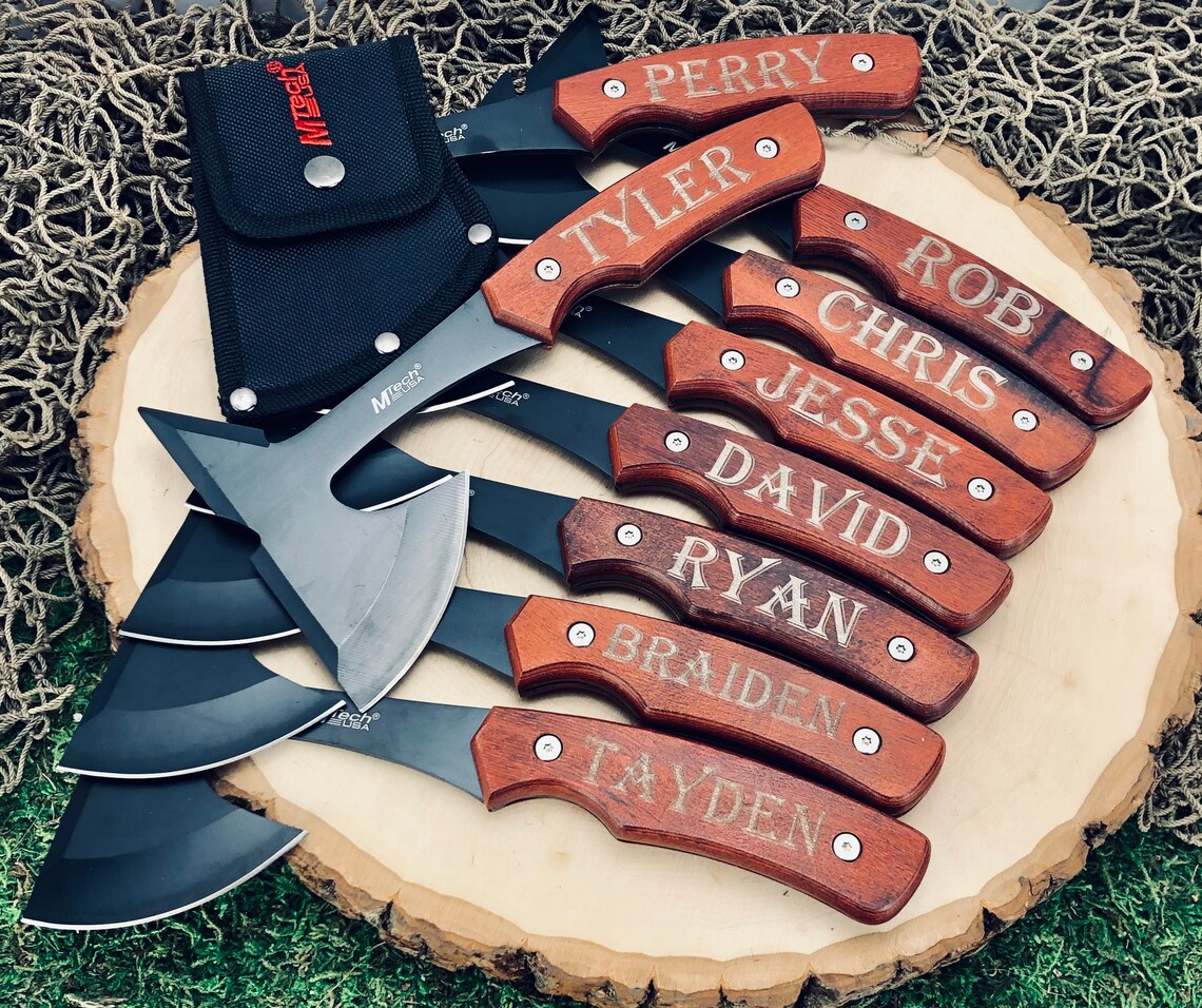 Set of 10 Groomsmen Gift Ideas Engraved Mini Hatchet Axes and image 1