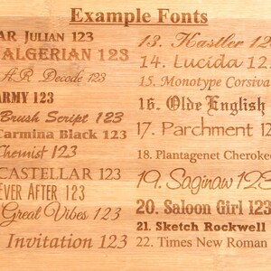 May include: A light-colored wooden cutting board with a handle, showcasing various font examples. The text "Example Fonts" is at the top, followed by numbered font styles like "AR JULIAN 123" and "ALGERIAN 123". The board is surrounded by a blurred green and red background.