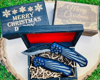 Stars and Stripes Pocket Knife, Engraved Gift Box, American Flag Design