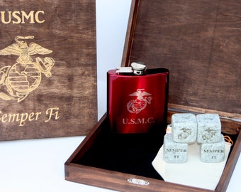 Cool US Marine Corps, Army, Navy, Air Force, Coast Guard Engraved Gift Set - 1 Personalized Box,  Flask and 4 Large Whiskey Stones