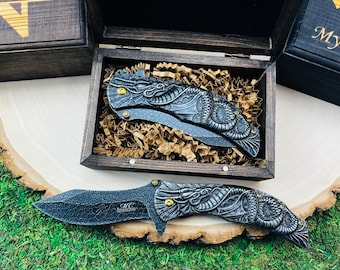 Dragon design pocket knife with engraved Gift Box, cool unique present for Dragon enthusiasts, Dad, Boyfriend, Husband Gift, Anniversary