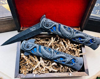 Engraved Dragon Pocket Knife with Custom Wood Gift Box