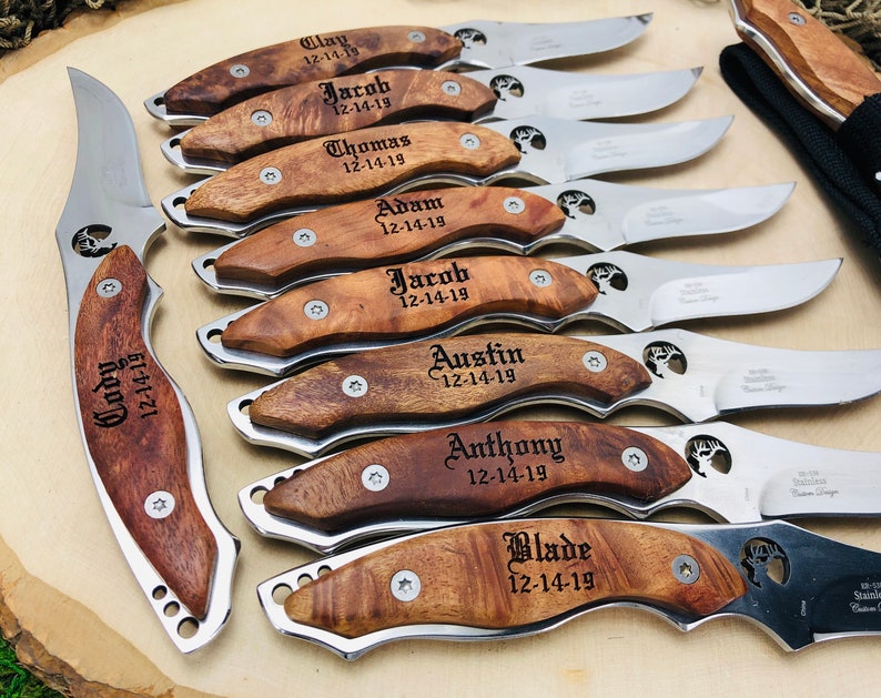SET OF 13 Groomsmen Knives and Sheaths Engraved Burl Wood Etsy