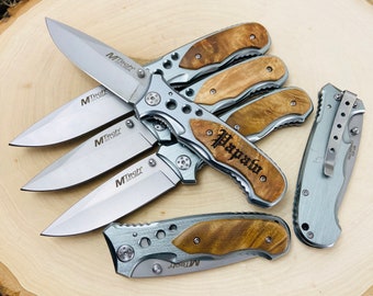 Set of 4 Groomsmen gift Ideas, Custom Engraved Pocket Knives, Burlwood, Cool Thank You Present for Best Man, Birthday Gifts for Him