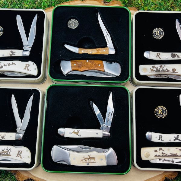 Engraved Remington Folding Knife Set: Wildlife Scene Gift