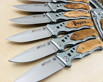 Set of 5 Groomsmen gift Ideas, Custom Engraved Pocket Knives, Burlwood, Cool Thank You Present for Best Man, Birthday Gifts for Him