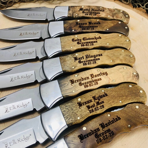 Set of 7 shops Groomsmen Gift Knives, Engraved Burlwood Handles, Pocket knife with Nylon Pouch, File work along spine, Cool wedding thank you gift