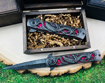 Gift for Dragon Enthusiasts, Cool Pocket Knife, 2 Colors, Custom Engraved Wood Gift Box, Birthday Dads, Brothers, Design for Dragon Lovers