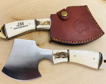Engraved Mini Hatchet Axe: Bone Handle, Leather Sheath, Groomsmen Gift
