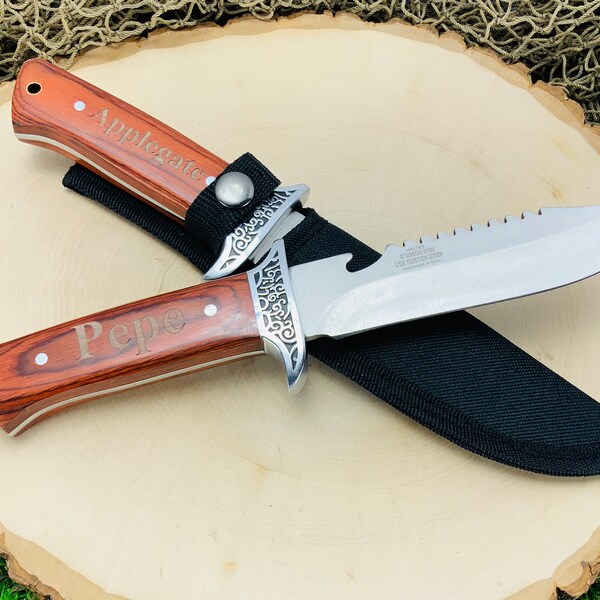 Cool Groomsmen Gift, Best Man wedding Thank you, Engraved Bowie Hunting Knife and Sheath, Unique Personalized Present for Outdoor Men