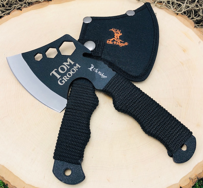 Cool Engraved Hatchet / Axe Head with nylon sheath, unique personalized gift, great present for outdoor Men, Cord wrapped Handle image 1