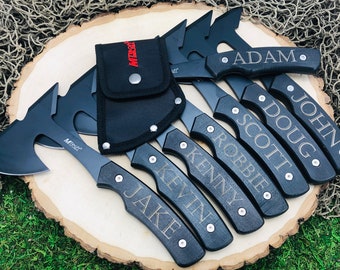 Set of 6 Groomsman Gifts, Personalized Axes, Hatchets with Black Wood Handle, Unique Best Man Thank You and present for Grooms Party