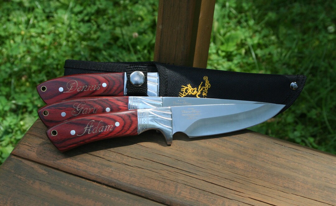 Set of 3 Engraved Hunting Knives and Sheath, Groomsmen Knife, Unique