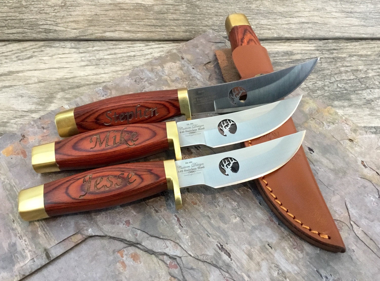 Set of 3 Engraved Hunting Knives and Sheaths Groomsmen Gift Etsy