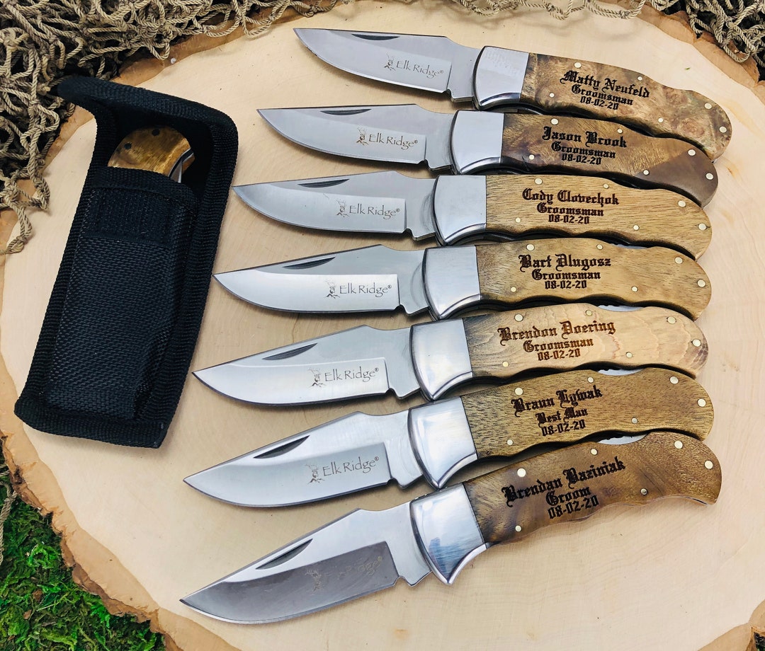 Set of 8 Groomsmen Gift Knives, Engraved Burlwood Handles, Pocket Knife With Nylon Pouch, File