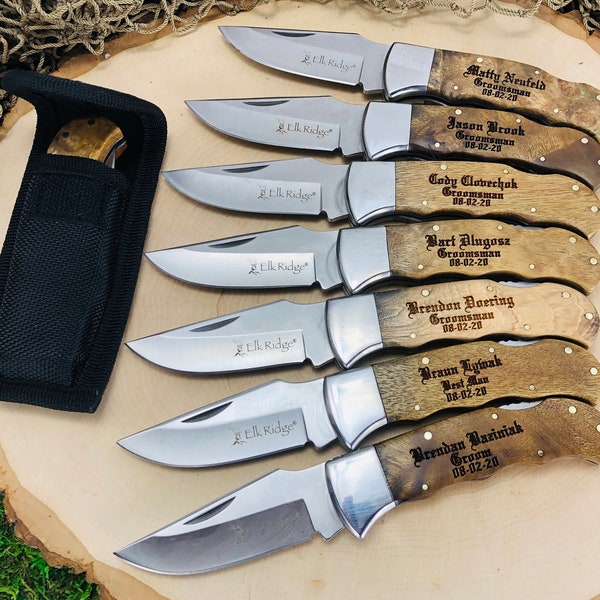 Set of 11 Groomsmen Gift Knives, Engraved Burlwood Handles, Pocket knife Nylon Pouch, File work along spine, Cool wedding thank you gift