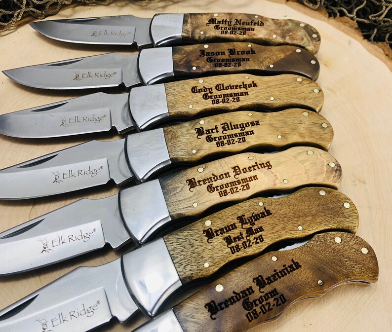 Set of 10 Groomsmen Gift Knives Engraved Burlwood Handles Etsy