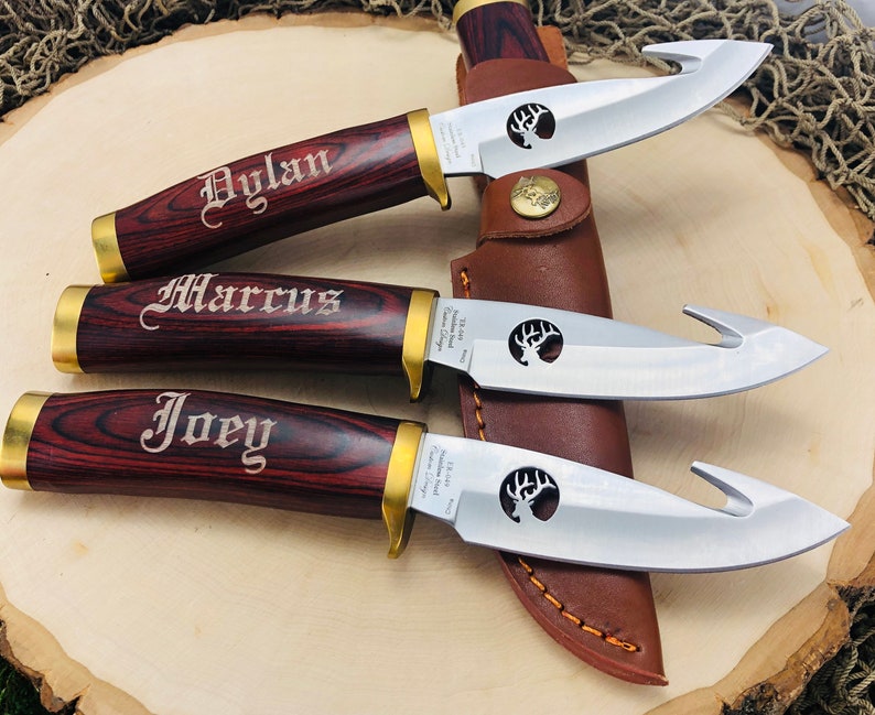 Set of 6 Engraved Gut Hook Blade Hunting Knives with Sheath Etsy