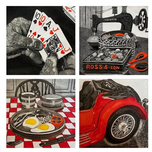 May include: A four-panel artwork featuring a hand holding playing cards, a sewing machine with a box of buttons, a plate of breakfast, and a red vintage car. The artwork is in black, white, red, and gray.