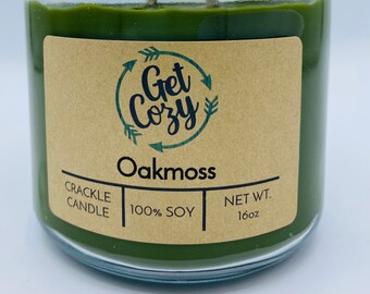 OAKMOSS wood wick 16oz soy candle. Jar candle. Crackle candle.  Fall candle. Delicious scent.