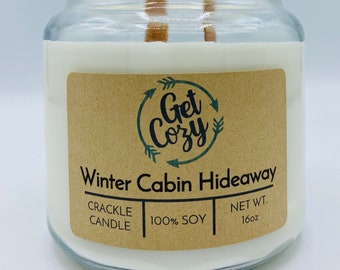 WINTER CABIN HIDEAWAY wood wick 16oz soy candle. Container candle. Winter candle. Crackle candle.  Fruity candle. Delicious scent.