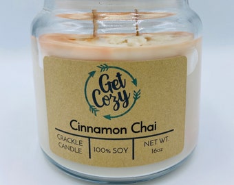 CINNAMON CHAI wood wick 16oz soy candle. jar candle. Crackle candle.  Fall candle. Delicious scent.