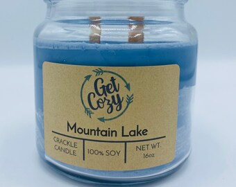 MOUNTAIN LAKE wood wick 16oz soy candle. jar candle. Crackle candle.  Fall candle. Delicious scent.