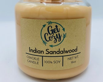 INDIAN SANDALWOOD wood wick 16oz soy candle. Container candle. Crackle candle.  Spa candle. Delicious scent.