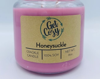 HONEYSUCKLE wood wick 16oz soy candle. jar candle. Crackle candle.  Fall candle. Delicious scent.