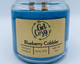 BLUEBERRY COBBLER wood wick 16oz soy candle. jar candle. Crackle candle.  Fall candle. Delicious scent.