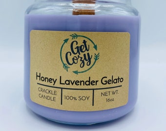 HONEY LAVENDER GELATO wood wick 16oz soy candle. jar candle. Crackle candle.  Fall candle. Delicious scent.