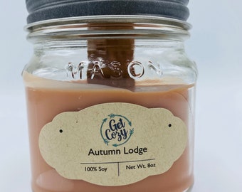 Delicious scent. WINTER CABIN HIDEAWAY wood wick 8oz soy candle Mason jar candle Crackle candle Fall candle