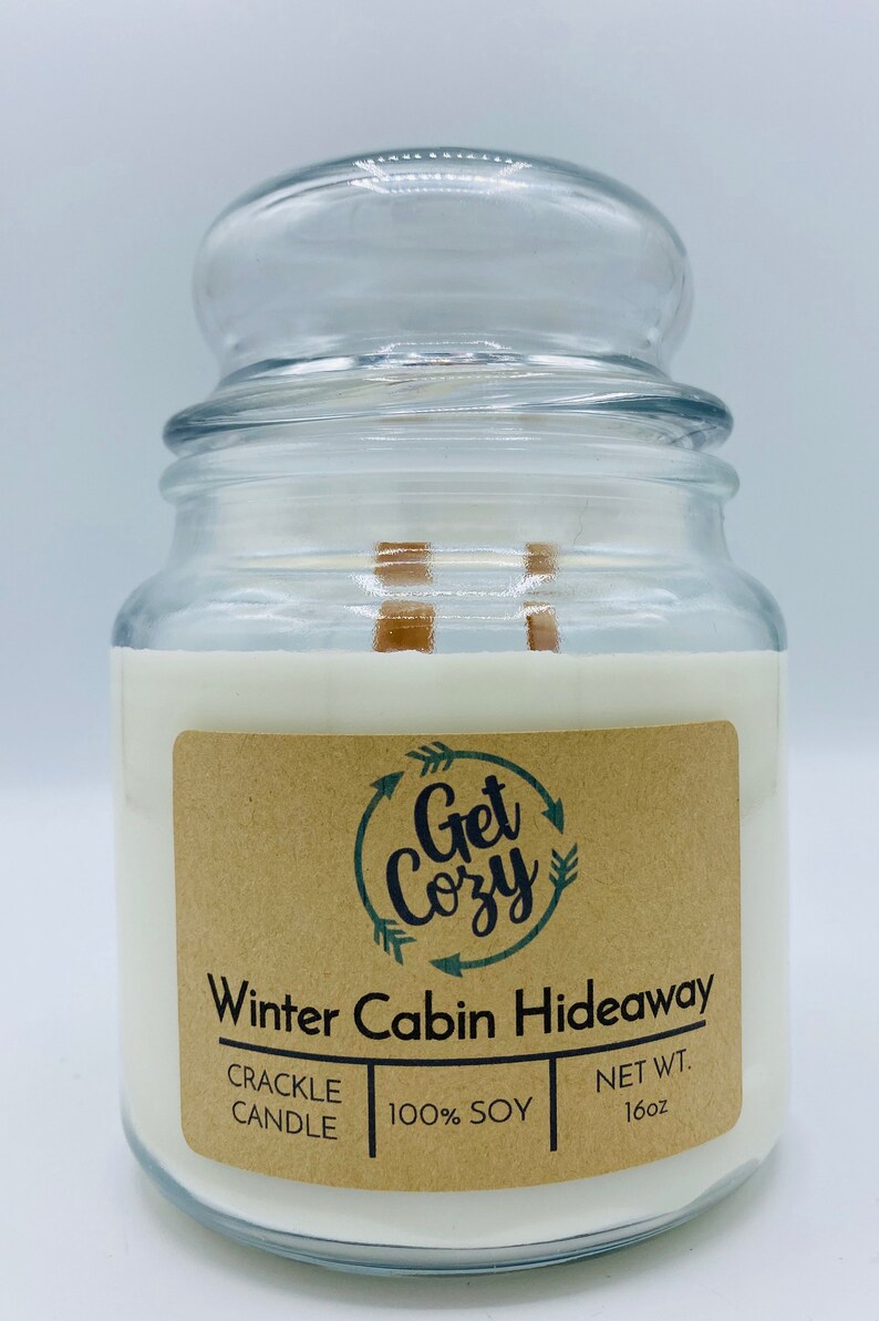 Delicious scent. WINTER CABIN HIDEAWAY wood wick 8oz soy candle Mason jar candle Crackle candle Fall candle