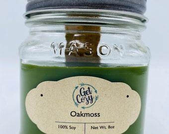 OAKMOSS wood wick 8oz soy candle. Mason jar candle. Crackle candle.  Summer candle. Delicious scent.