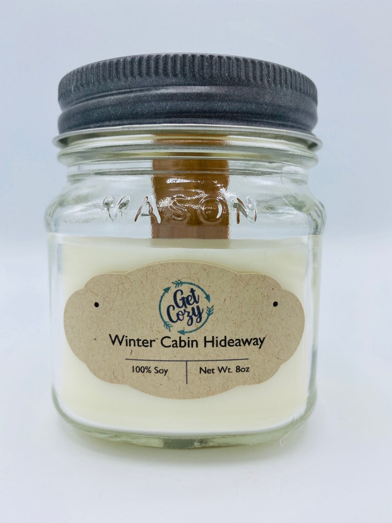 Delicious scent. WINTER CABIN HIDEAWAY wood wick 8oz soy candle Mason jar candle Crackle candle Fall candle