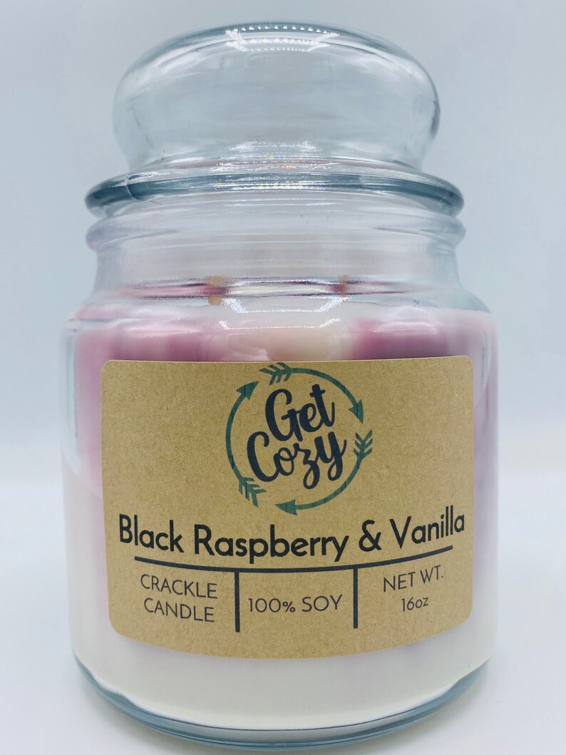 Crackle candle BLACK RASPBERRY VANILLA wood wick 8oz soy candle Summer candle Delicious scent. Mason jar candle