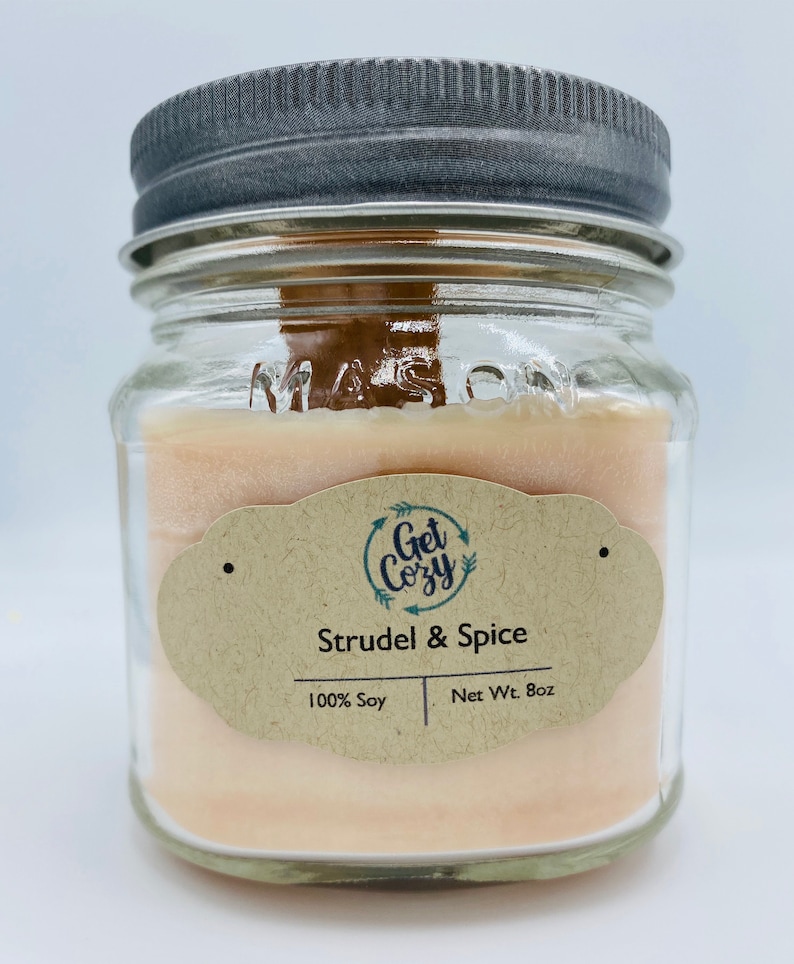 Fall candle Mason jar candle Crackle candle Delicious scent. STRUDEL /& SPICE wood wick 8oz soy candle