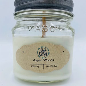 ASPEN WOODS wood wick 8oz soy candle. Mason jar candle. Crackle candle.  Fall candle. Delicious scent.