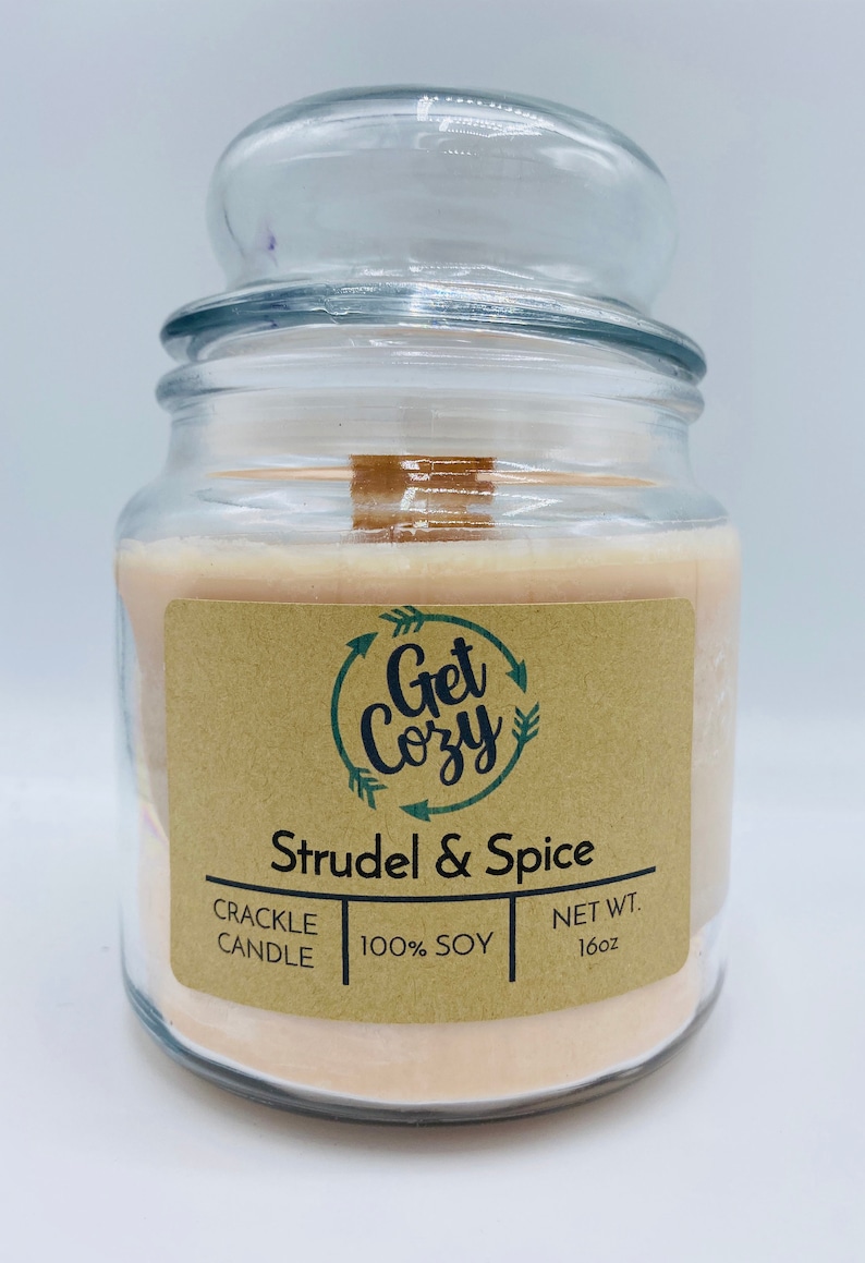 Fall candle Mason jar candle Crackle candle Delicious scent. STRUDEL /& SPICE wood wick 8oz soy candle