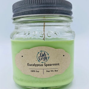 EUCALYPTUS SPEARMINT wood wick 8oz soy candle. Mason jar candle. Crackle candle.  Eucalyptus candle. Delicious scent. Spearmint Candle.