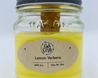 LEMON VERBENA wood wick 8oz soy candle. Mason jar.  Lemon Candle. Crackle candle. Wood wick. Crackles like a fireplace.  Citrus soy candle