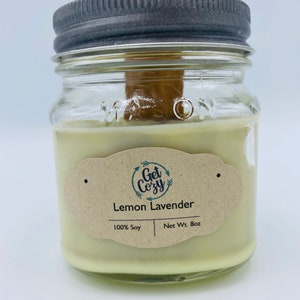 LEMON LAVENDER wood wick 8oz soy candle. Mason jar candle. Crackle candle.  Fall candle. Delicious scent.