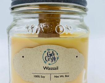 WASSAIL wood wick 8oz soy candle. Mason jar candle. Crackle candle.  Fall candle. Delicious scent.