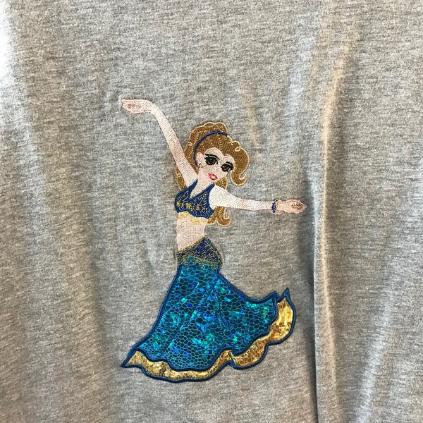 Embroidered bellydancer on t-shirt, multiple colors available
