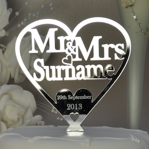 Wedding Cake Toppers Personalised Mr & Mrs Love Heart Decoration Title Surname Date Love Heart Cake Decor Custom Anniversary Mirror Acrylic