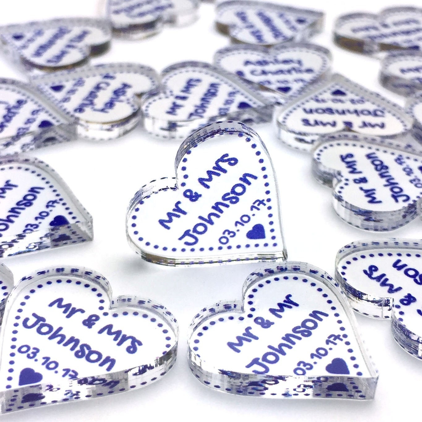 Personalised BLUE 3cm Acrylic Heart Wedding Favours Table Decorations Vintage 