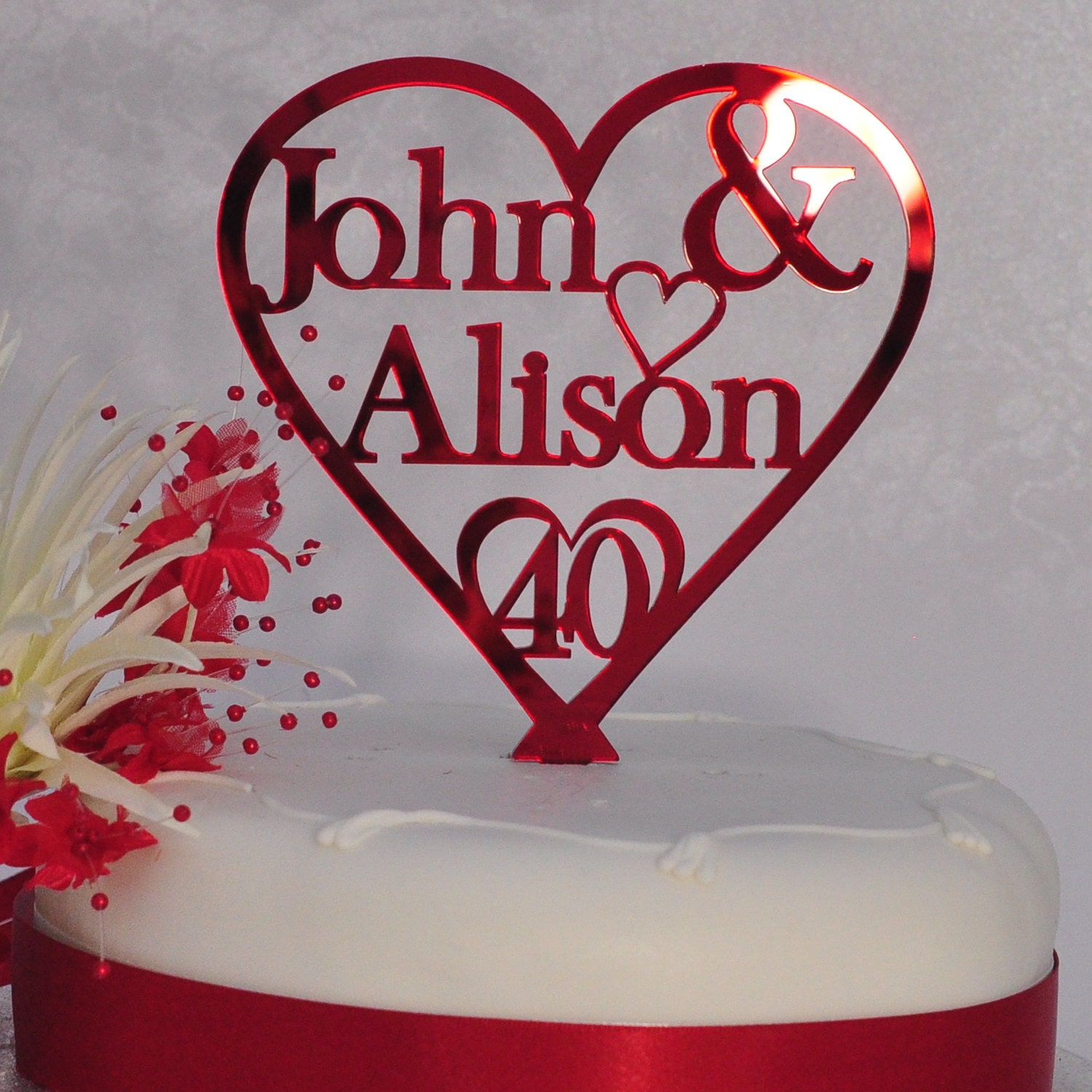 40th Ruby Wedding Anniversary cake topper made in ruby red crystal rhinestones 