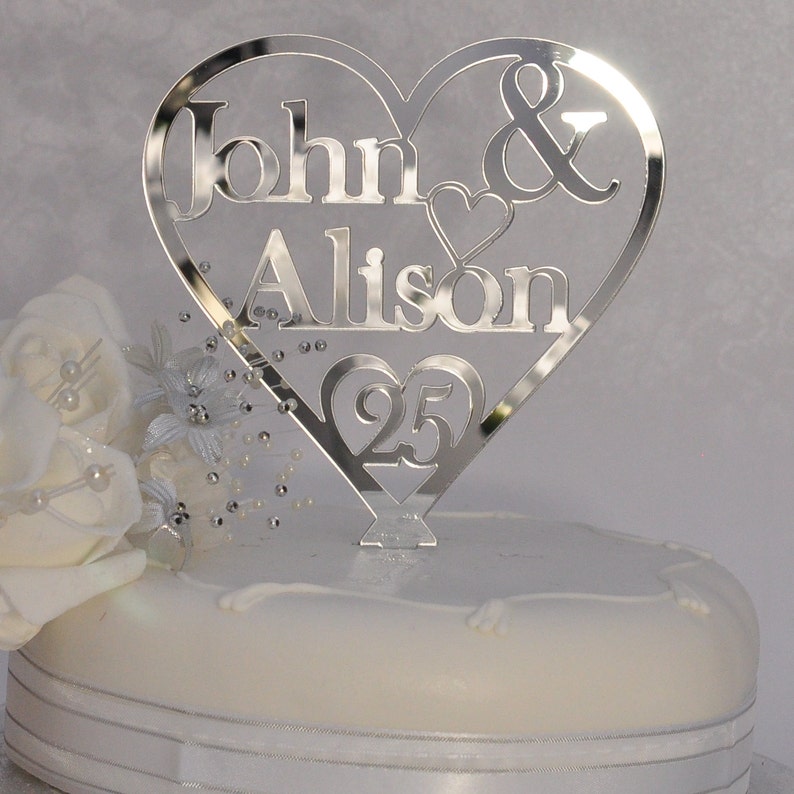 25th Silver Wedding Anniversary Cake Topper Personalised Heart Etsy