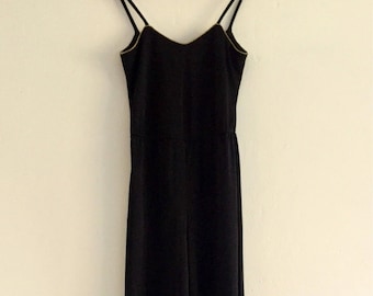 Vintage black jumpsuit, 1970s, sleeveless, gold trim, tank top