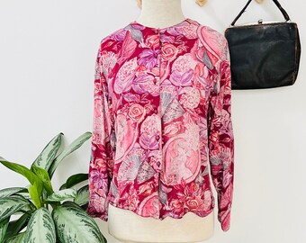 Ladies vintage blouse / top / shirt, pink, chinoiserie